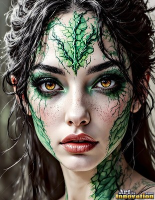A dark-haired woman with bright amber eyes has green dragon scales covering her face
