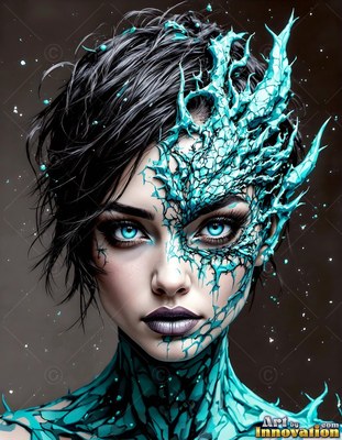 Against a dark background, a woman has cracked teal scales across her face