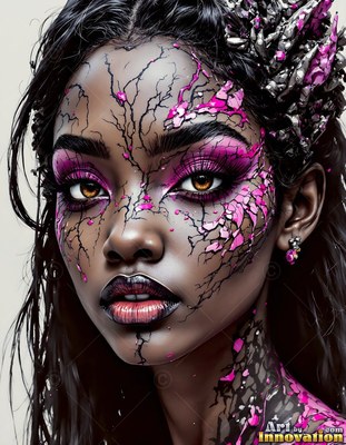 Looking forward, a dark-skinned woman wears pink paint patterned like cracked rock on her face