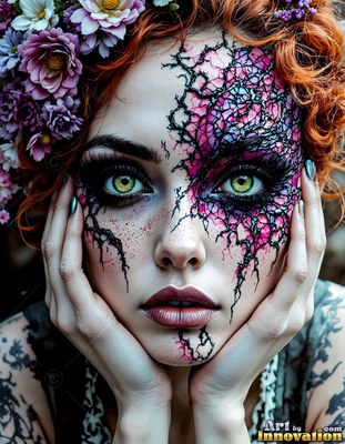 Woman with red hair, purple flowers, and cracked face makeup