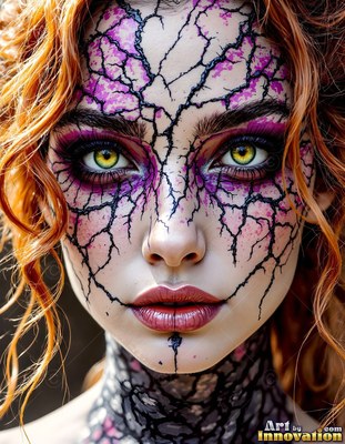 Cracked purple lines spread across the face of a red-haired woman against a dark background