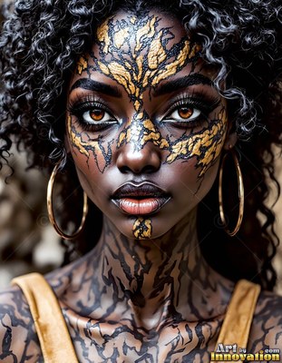 A woman stares forward with dark bark patterns and rough gold paint on her face