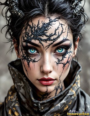 Facing forward indoors, a woman has black branching marks on her face and blue eyes