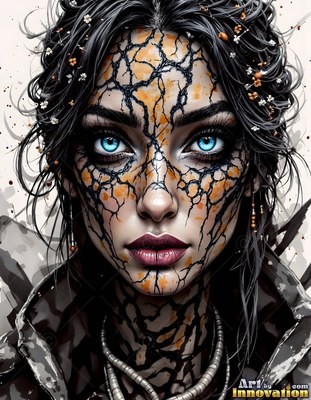 A dark-haired woman with bright blue eyes has black and orange cracks across her face