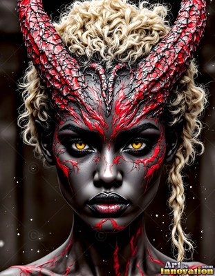 In the dark, a horned woman with black skin and yellow eyes stares ahead