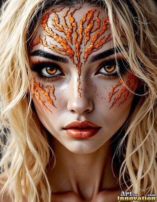 Staring forward, a blonde woman has textured orange scales across her face