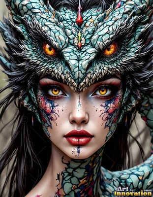 Woman with yellow eyes wearing a blue dragon headdress