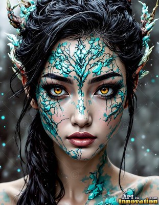 Turquoise scales cover the face of a dark-haired elf woman in a smoky gray forest
