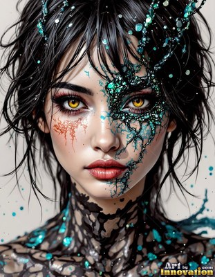 A dark-haired woman stares forward with yellow eyes under bright light and teal glitter on her cheek