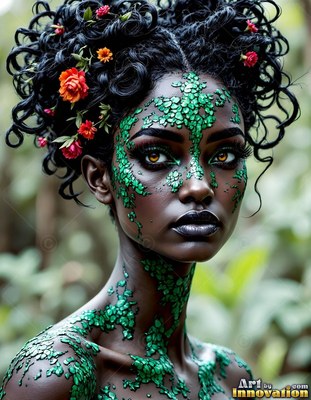Facing forward in a green forest, a woman wears green scales on dark skin