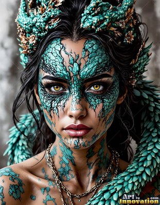A woman with yellow eyes wears teal dragon scales on her face and head
