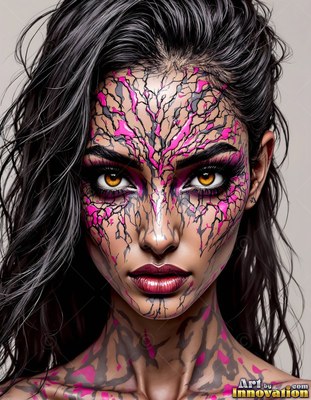 Against a gray background, a woman with pink and black cracked skin paint stares forward