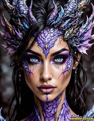 Staring forward, a woman wears purple dragon scales and horns on her face and head