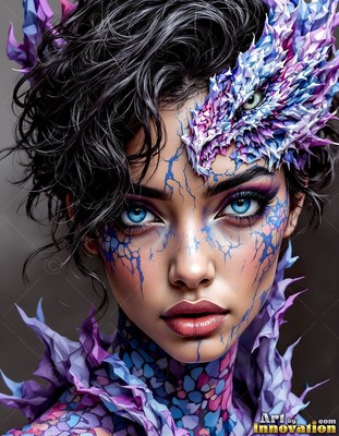 Woman with short dark hair and purple dragon scales on her face