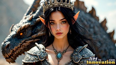 Wearing a metal crown on an open hillside, an elf-eared woman stands with a dark dragon