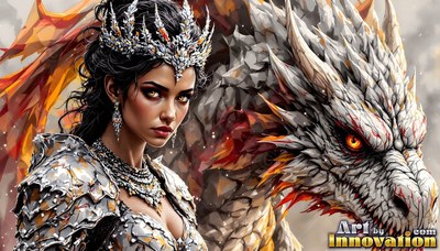 A woman wearing a crown stands beside a horned white dragon under bright warm light