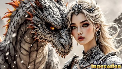 Turned forward in snowy hills, a blonde woman leans beside a gray dragon