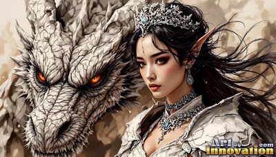 A woman in a silver crown and armor poses beside a pale stone dragon