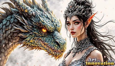 In a smoky sky, an elf woman in a silver crown stands by a blue scaled dragon