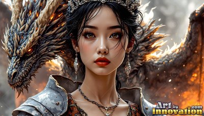 Facing forward in a crown, a dark-haired woman stands before a horned dragon