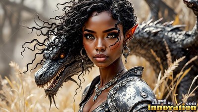 Elf woman in metal armor standing beside a black dragon in a field