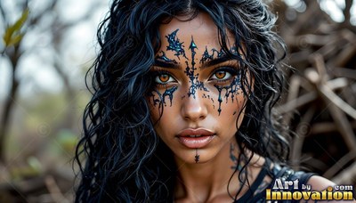 Black paint markings spread across the face of a woman standing in front of dry brush