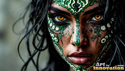 A woman stares forward with bright yellow eyes, green beaded patterns on her skin