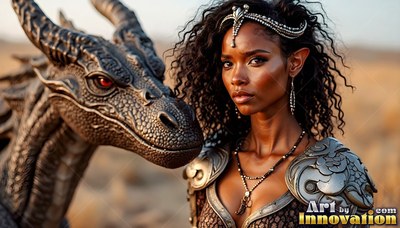 Facing forward in a desert, a dark-skinned woman stands beside a gray dragon