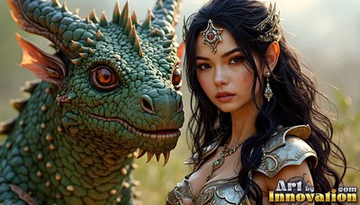 A dark-haired woman in armor stands close beside a scaly green dragon outdoors