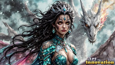 In a snowy sky, a dark-haired woman in teal scales stands with a pale dragon