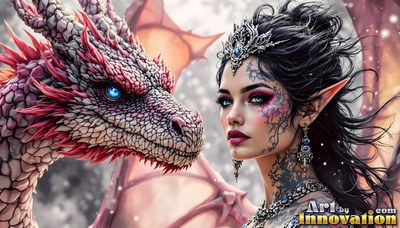 Facing forward, an elf woman wearing a tiara stands beside a pink dragon