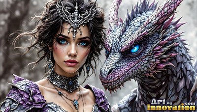 A woman in purple scale armor beside a horned dragon