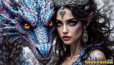 A silver tiara rests on an elf woman with pointed ears beside a blue scaly dragon against a gray sky