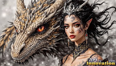 A woman stands beside a spiky beige dragon with bright orange eyes in falling snow