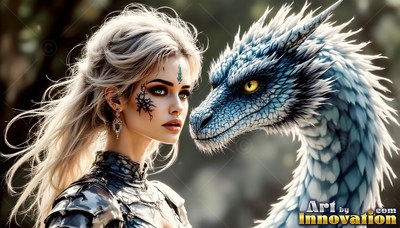 Turned in profile outdoors, a blonde woman stands beside a blue dragon