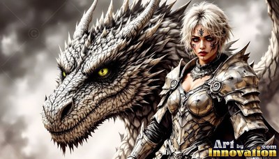 A blond woman in silver armor stands beside a spiky white dragon with yellow eyes
