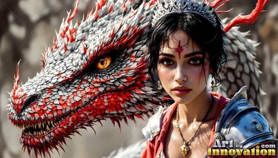 In a blurry gray forest, a woman stands near a red and white spiky dragon