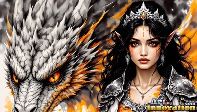 Posing in silver armor, a dark-haired elven woman stands beside a white horned dragon