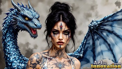 A tattooed woman stands beside a blue scaled dragon