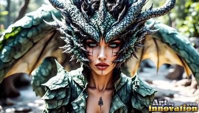 Spiky green scales cover a woman's forehead and armor in a bright, leafy forest