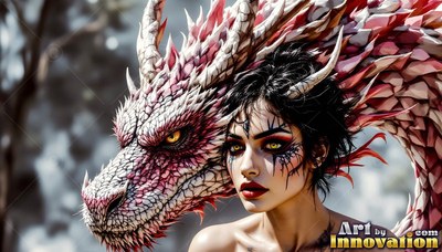 A dark-haired woman stands beside a pink and white dragon under soft daylight
