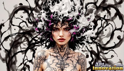 Facing forward against a pale wall, a woman wears black branch tattoos