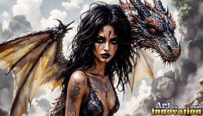 A dark-haired woman with small wings stands beside a horned dragon in the cloudy sky