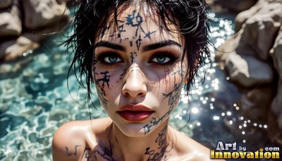 Wading in clear water, a woman with wet hair looks forward with black markings on her face