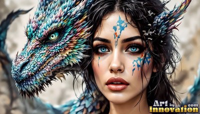 Close-up of a blue-eyed woman next to a colorful scaled dragon head