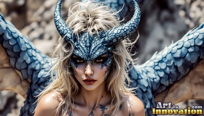 Blue scaled horns curve from a blonde woman's head before wings in a rocky ravine