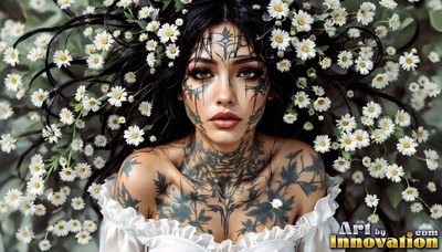 A tattooed woman lies back in white daisies under soft, diffused light