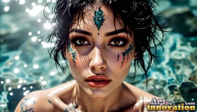 Facing forward in sunny water, a woman has dark markings on her face