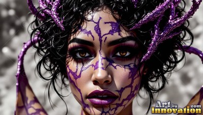 A woman with purple horns and cracked purple markings on her face looks forward