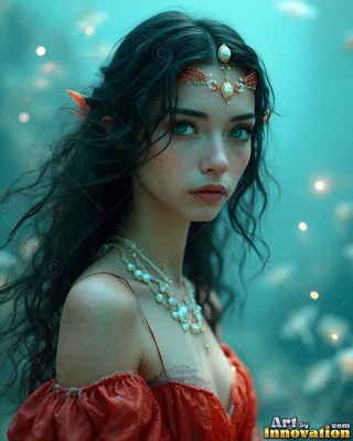 Underwater, an elf woman with dark hair wears a red dress and pearl jewelry